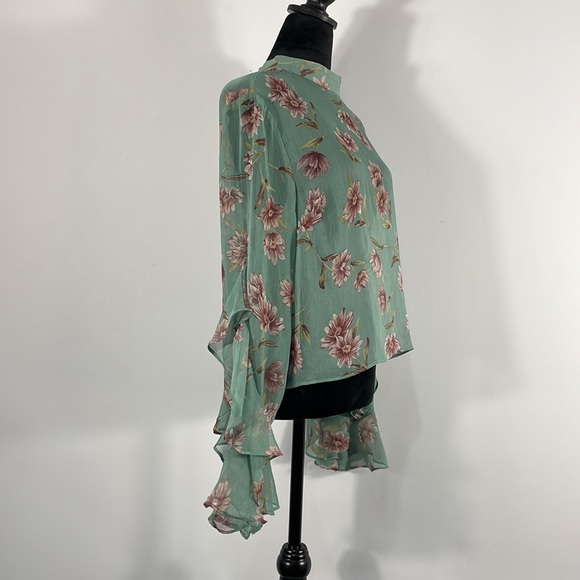 Floral Teal & Pink Sheer top,mock neck, long ruffle sleeve, flowy, XS - Picture 5 of 12